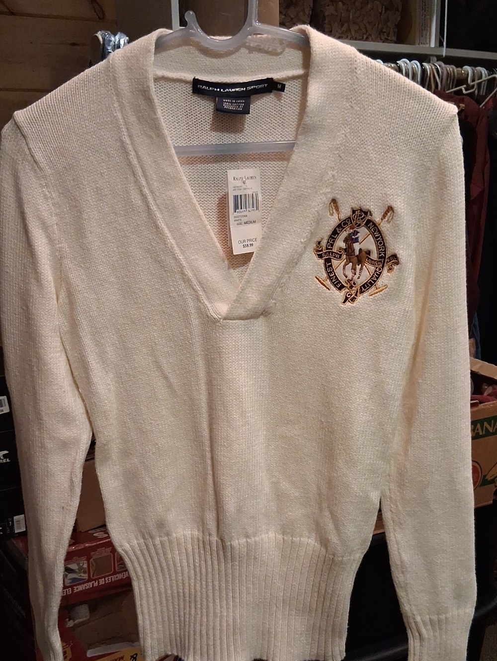 Ralph Lauren Cream V-Neck Sweater with Embroidered Crest